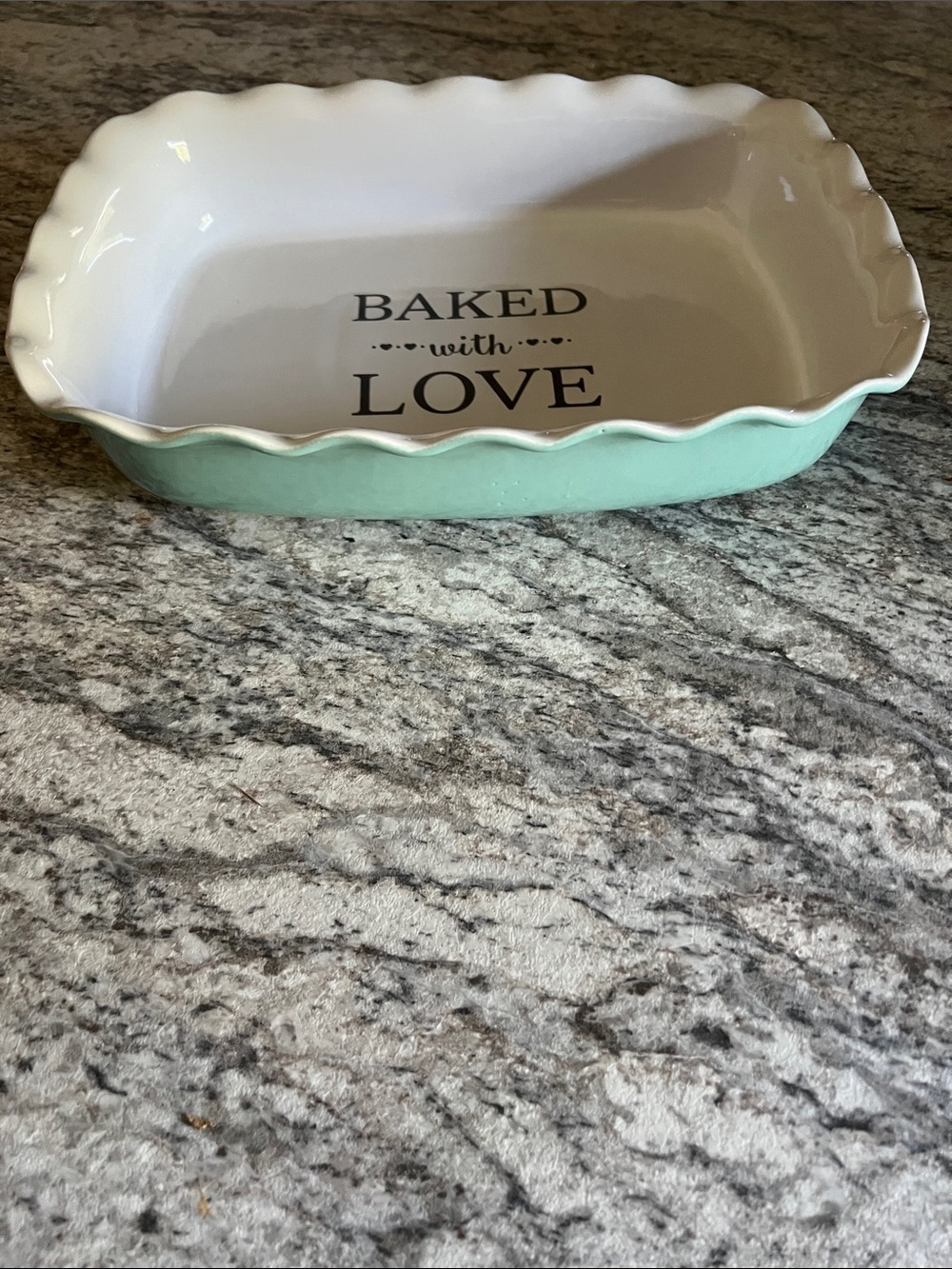 Ceramic Mint Green and Cream 'Baked with Love' Baking Dish GUC